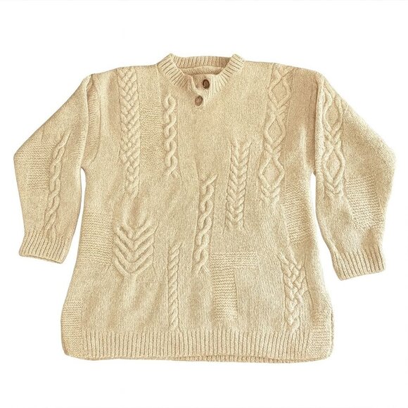 Vintage L.L. Bean Wool Blend Cable Knit Sweater – 2 Button Neck, Cream, Size Lar - Picture 2 of 5